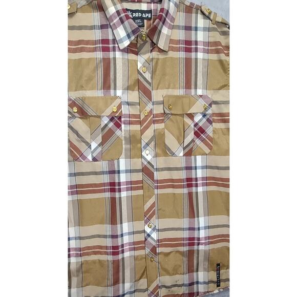 Red Ape Mens Plaid Button Down Gold Buttons Long Sleeve Dress Shirt Size 2XL MCM - Picture 9 of 11